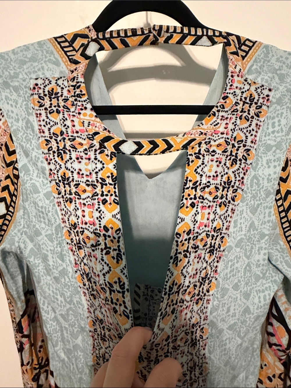Free People Urban Outfitters Bohemian Blue Mix Print Long Bell Sleeve Mini Dress - Picture 6 of 11